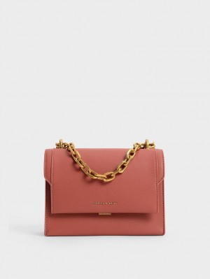 τσάντεσ χιαστί Charles And Keith Front Flap Chain Handle σκούρο κοκκινα | 14856-MPFA