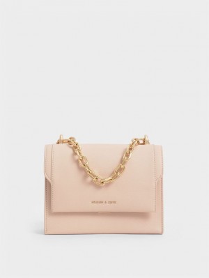 τσάντεσ χιαστί Charles And Keith Front Flap Chain Handle ανοιχτο ροζ | 48092-AYLR