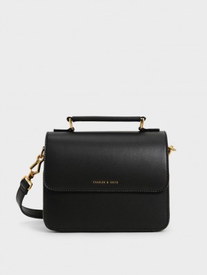 τσάντεσ χιαστί Charles And Keith Front Flap Top Handle μαυρα | 35792-NHPB
