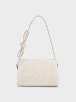 τσάντεσ ώμου Charles And Keith Furry Knotted Handle ασπρα | 62537-XTPK