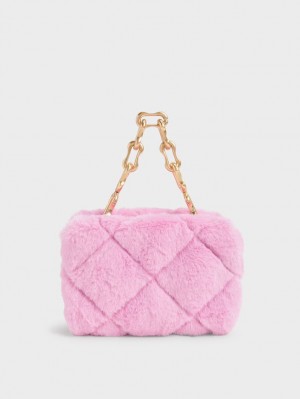 τσάντεσ χιαστί Charles And Keith Gemma Χοντρός Chain Handle Furry Καπιτονέ Boxy ροζ | 40215-YMTB