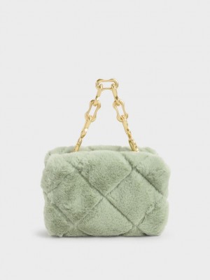 τσάντεσ χιαστί Charles And Keith Gemma Χοντρός Chain Handle Furry Καπιτονέ Boxy μεντα | 46851-EROM