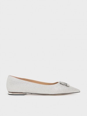 Παπουτσια Μπαλαρινεσ Charles And Keith Glitter Gem-Embellished ασημι | 42031-XNSB
