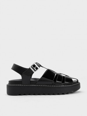 Πεδιλα Πλατφορμεσ Charles And Keith Interwoven λουστρινι Buckled μαυρα | 49367-GIVE