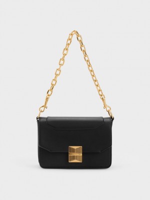τσάντεσ ώμου Charles And Keith Kalinda Metallic Accent Boxy μαυρα | 79810-VJIE