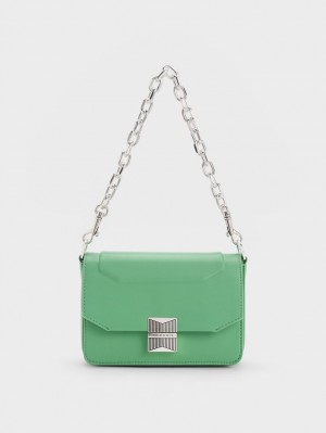 τσάντεσ ώμου Charles And Keith Kalinda Metallic Accent Boxy πρασινο | 38642-SXDN