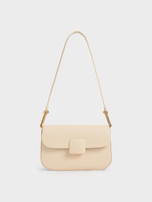 τσάντεσ ώμου Charles And Keith Koa Square Push-Lock Μπεζ | 84097-LWPQ