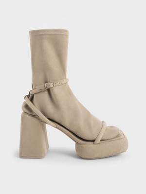 μποτα πλατφορμα Charles And Keith Lucile Textured Calf Μπεζ | 47206-FQBJ