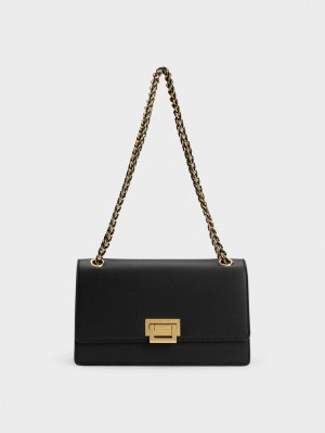 τσάντεσ ώμου Charles And Keith Metallic Accent Front Flap μαυρα | 19026-DSOK