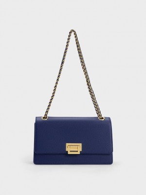 τσάντεσ ώμου Charles And Keith Metallic Accent Front Flap σκουρο μπλε | 12645-HKAM