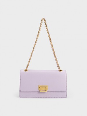 τσάντεσ ώμου Charles And Keith Metallic Accent Front Flap μωβ | 38452-JSNP