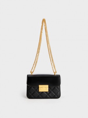 τσάντεσ χιαστί Charles And Keith Metallic Push-Lock Chain μαυρα | 30452-HQTZ