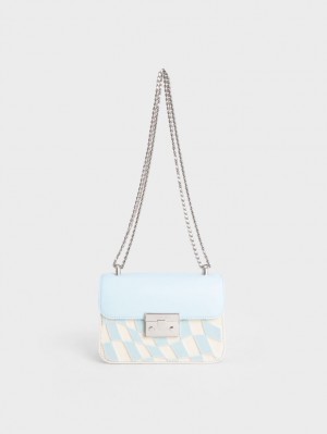 τσάντεσ χιαστί Charles And Keith Metallic Push-Lock Checkered Chain ανοιχτο μπλε | 35948-NGUL