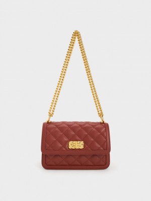 τσάντεσ ώμου Charles And Keith Micaela Καπιτονέ Chain σκούρο κοκκινα | 08731-YBTN