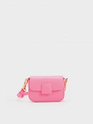 μίνι τσάντες Charles And Keith Micro Koa Square Push-Lock ροζ | 98735-BSDV
