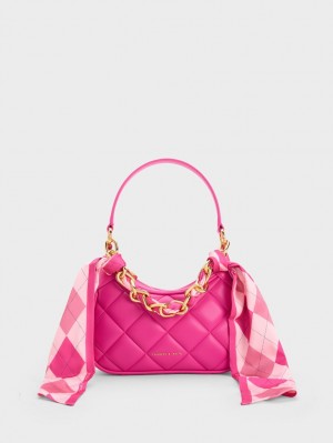 τσάντεσ ώμου Charles And Keith Mini Alcott Scarf Handle Καπιτονέ φουξια | 48290-HADL