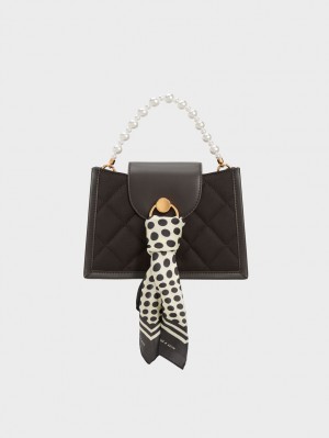 τσάντεσ χιαστί Charles And Keith Mini Roza Beaded Handle Scarf μαυρα | 52967-DKVJ