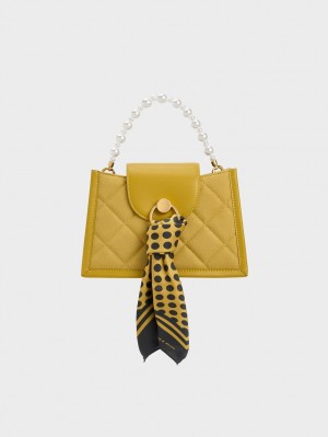 τσάντεσ χιαστί Charles And Keith Mini Roza Beaded Handle Scarf μουστάρδα | 35648-TCFQ