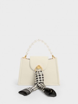 τσάντεσ χιαστί Charles And Keith Mini Roza Beaded Handle Scarf κρέμα | 79583-ULQX