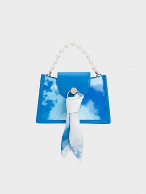 τσάντεσ χιαστί Charles And Keith Mini Roza Beaded Handle Scarf Cloud-Print μπλε | 46539-WZQK