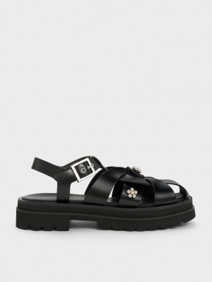 Πεδιλα Πλατφορμεσ Charles And Keith Nell Gladiator Floral-Embellished μαυρα | 51438-CQLJ