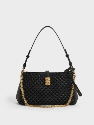 τσάντεσ ώμου Charles And Keith Nova Woven Chain-Handle μαυρα | 28965-NYGH