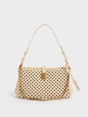 τσάντεσ ώμου Charles And Keith Nova Woven Chain-Handle Μπεζ | 52791-SGIY