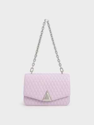 τσάντεσ ώμου Charles And Keith Quinlynn Metallic Accent Καπιτονέ μωβ | 51476-PRIH