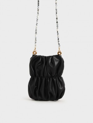 τσάντεσ χιαστί Charles And Keith Ruched Bead-Handle μαυρα | 48732-LPZJ