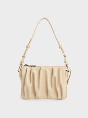 τσάντεσ ώμου Charles And Keith Ruched Bead-Handle Μπεζ | 53180-TOZD