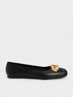 Παπουτσια Μπαλαρινεσ Charles And Keith Ruched Square-toe Χοντρός Chain-Link μαυρα | 17354-JPIO