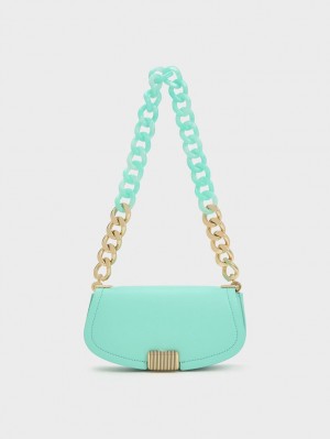 τσάντεσ ώμου Charles And Keith Sonnet Two-Tone Chain Handle τυρκουάζ | 63218-XGVS