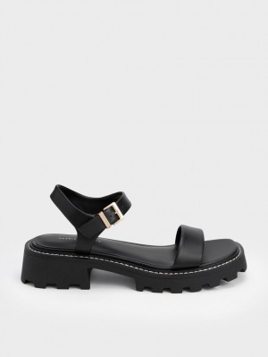 Πεδιλα Πλατφορμεσ Charles And Keith Stitch-Trim Buckled μαυρα | 98045-JFCZ