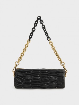 τσάντεσ ώμου Charles And Keith Tallulah Ruched Chain-Handle μαυρα | 83194-GQKB