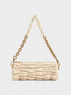 τσάντεσ ώμου Charles And Keith Tallulah Ruched Chain-Handle Μπεζ | 12395-QYGF
