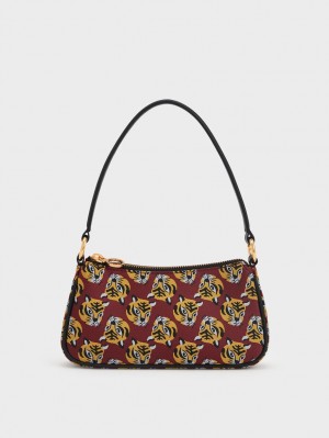 τσάντεσ ώμου Charles And Keith Tiger Print Jacquard κοκκινα | 18705-WUCA