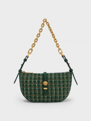 τσάντεσ ώμου Charles And Keith Trudy Tweed Belted Geometric σκούρο πρασινο | 90538-UJCE