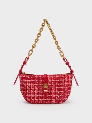 τσάντεσ ώμου Charles And Keith Trudy Tweed Belted Geometric κοκκινα | 18064-KHNZ