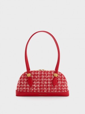 τσάντεσ ώμου Charles And Keith Trudy Tweed Elongated Handle κοκκινα | 80651-RDEU