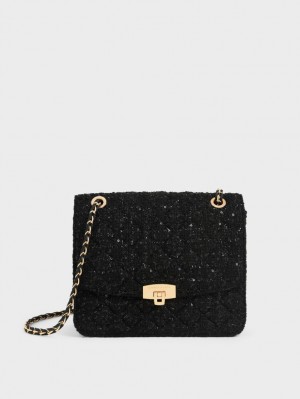 τσάντεσ ώμου Charles And Keith Tweed Chain λουρακια μαυρα | 84215-MXZN