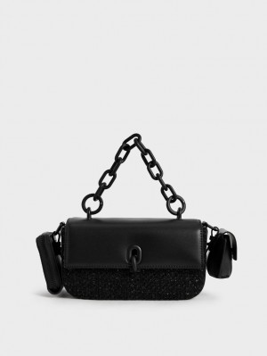τσάντεσ ώμου Charles And Keith Wren Acrylic Chain Handle Tweed μαυρα | 60195-NVUP