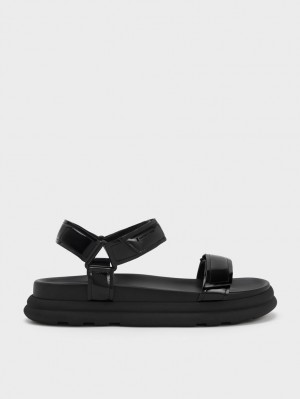 Πεδιλα Πλατφορμεσ Charles And Keith λουστρινι strappy Sports μαυρα | 45623-DGHE