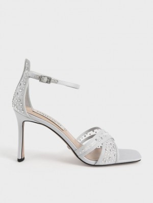 σανδαλια με τακουνι Charles And Keith Blythe Mesh & Satin Embellished ασημι | 54781-DKYR