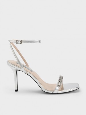Σανδάλια Με Λουριά Charles And Keith Chain-Embellished Metallic Ankle ασημι | 83214-USTF