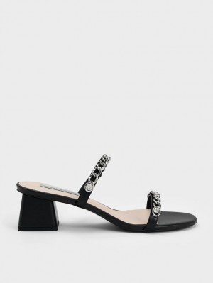 σανδαλια με τακουνι Charles And Keith Chain-Link Block μαυρα | 63245-VWSH