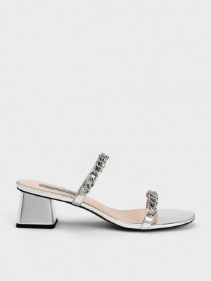 σανδαλια με τακουνι Charles And Keith Chain-Link Block ασημι | 61840-NDPF