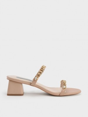 σανδαλια με τακουνι Charles And Keith Chain-Link Block Μπεζ | 94768-BWIE