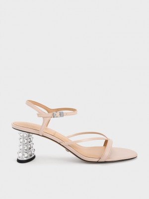 σανδαλια με τακουνι Charles And Keith Embellished Heel δερματινα Μπεζ | 58963-KVEO