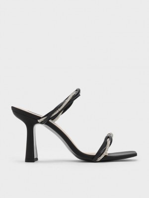 σανδαλια με τακουνι Charles And Keith Embellished Twisted λουρακια Satin μαυρα | 40978-RNFD