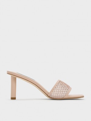 σανδαλια με τακουνι Charles And Keith Gem-Encrusted Cylindrical Heel Mesh Μπεζ | 60572-EMKZ